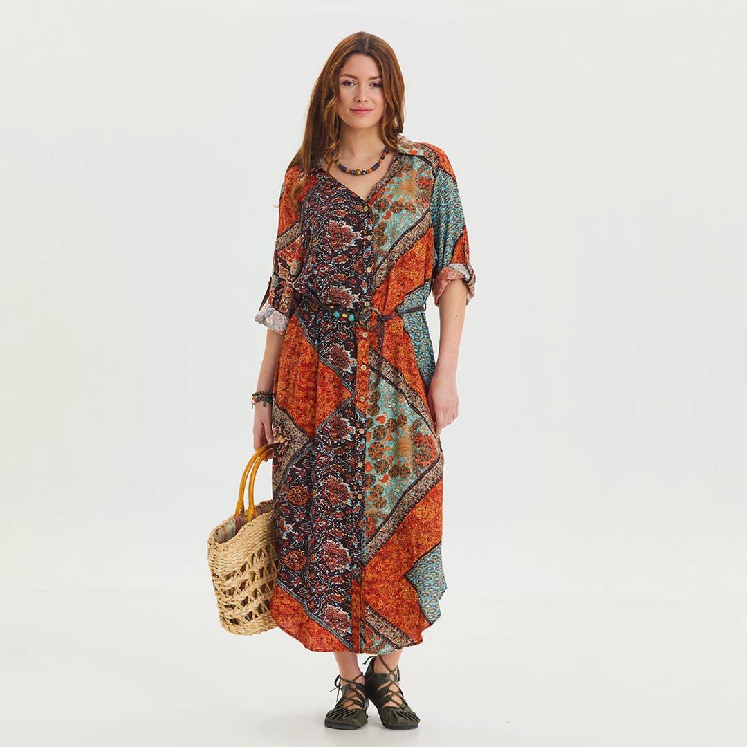 Bohemian Caravan - Belt Detailed Patterned Shirt Dress - Orange