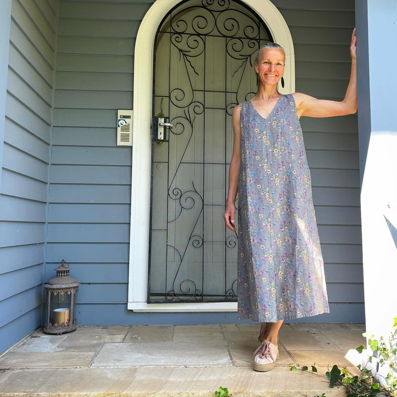 Blueberry Italia V Neck Sleeveless Linen Dress with Front Pockets and Split - Floral Print on Grey