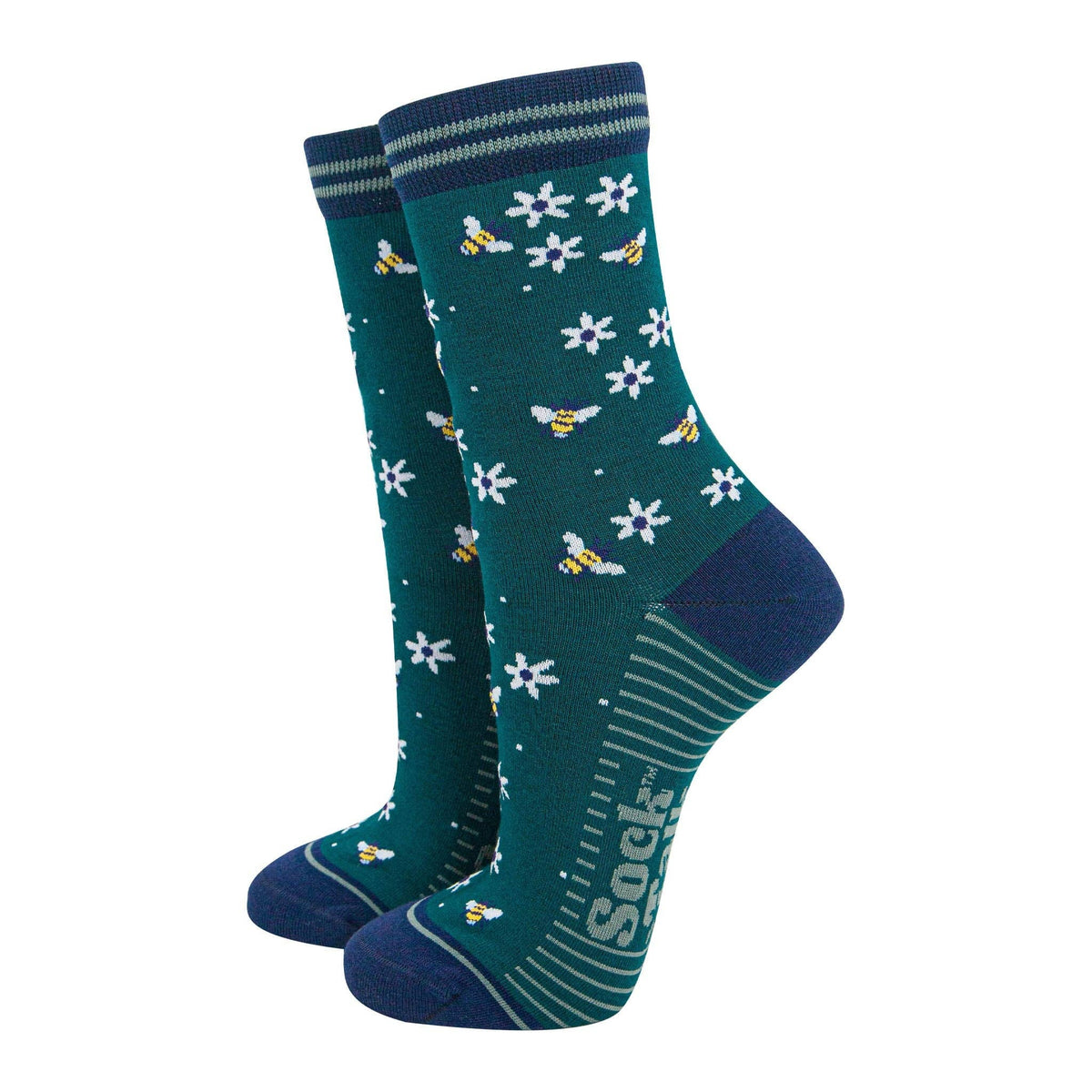 Women's Bamboo Socks - Forest Green/Navy, Bee and Flowers