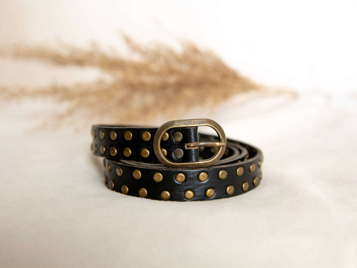 Narrow Leather Belt with Studs - Black