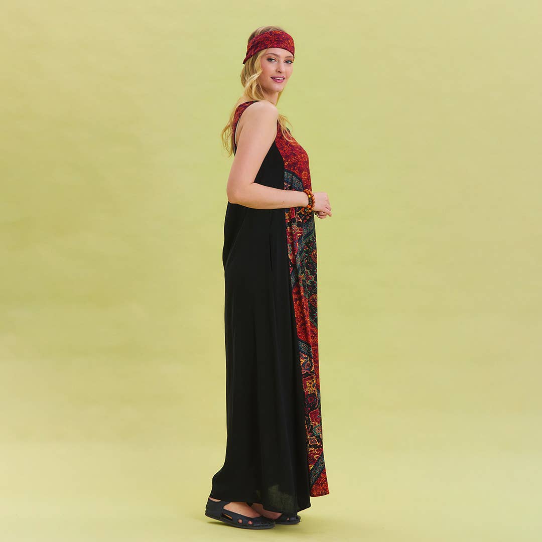 Bohemian Patchwork - Maxi Crew Neck Pocket Detailed Ethnic Patterned Dress - Black /Red