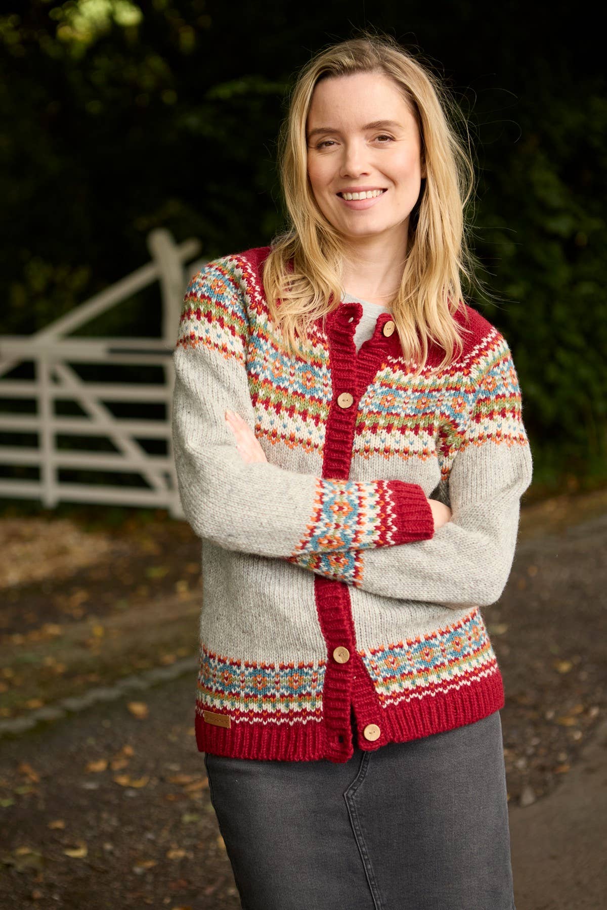 Iona Wool Fair Isle Fine Knit Cardigan - Burgundy
