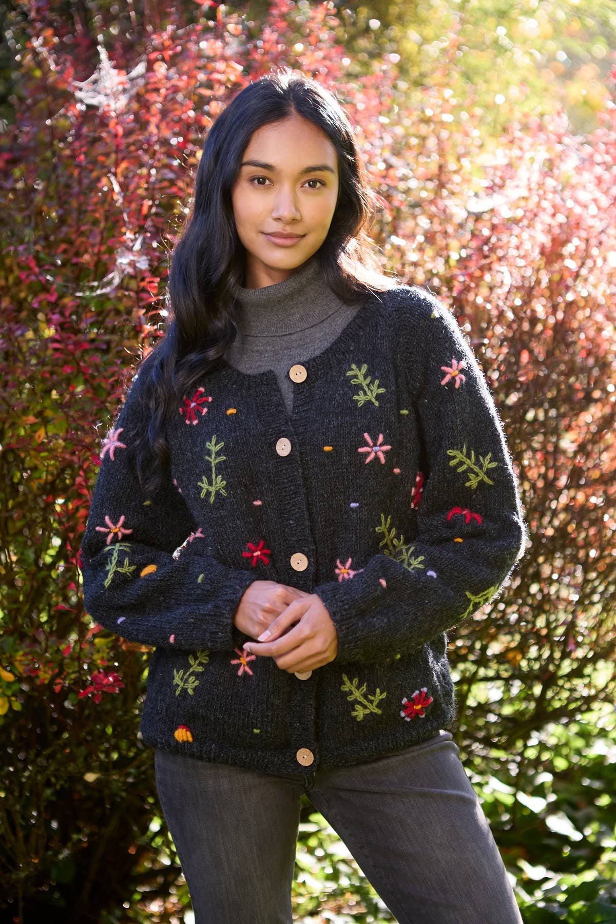 Lugano - Hand Embroidered Flower Knit 100% Wool Cardigan - Charcoal