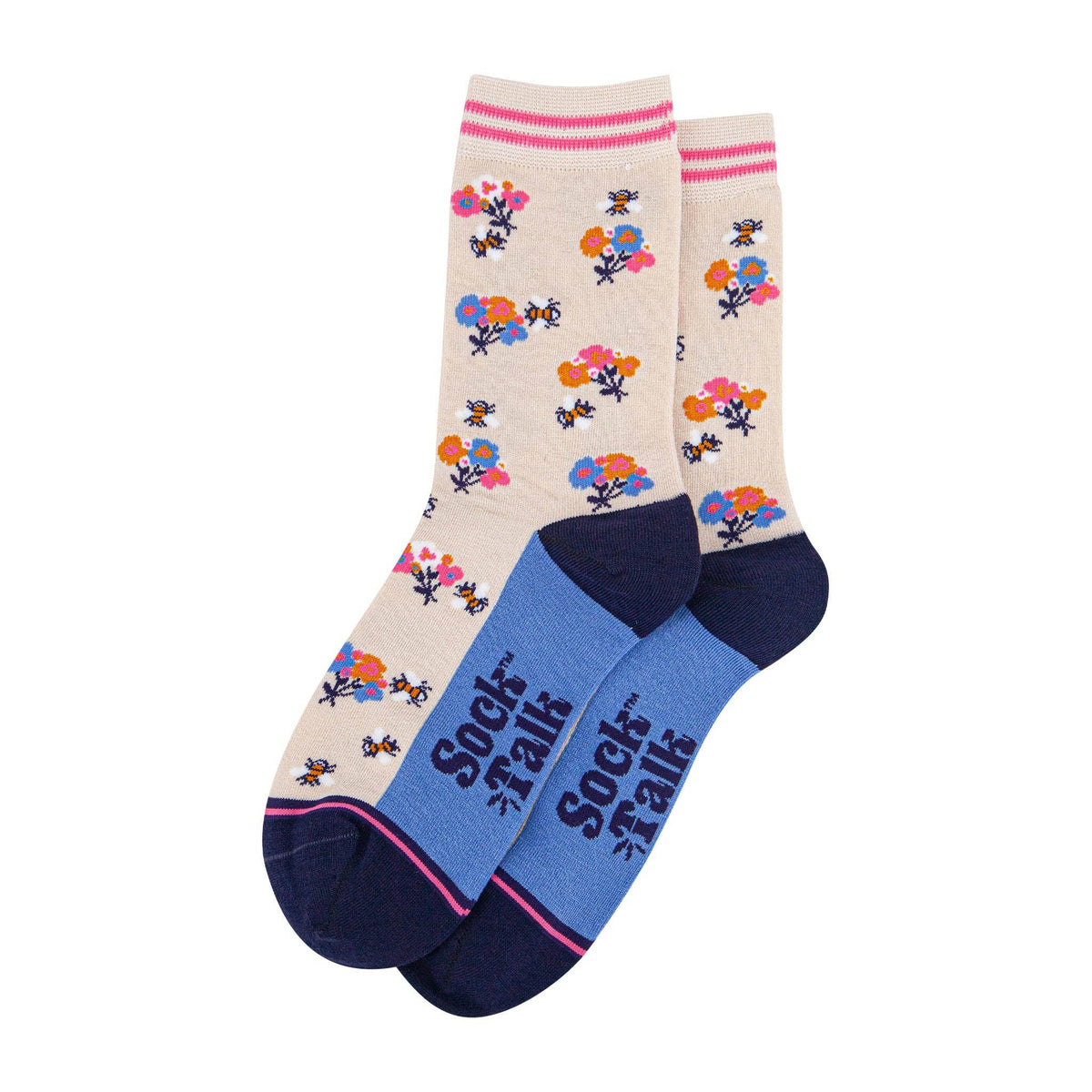 Women's Bamboo Socks - Cream/Navy Blue, Bee Posy
