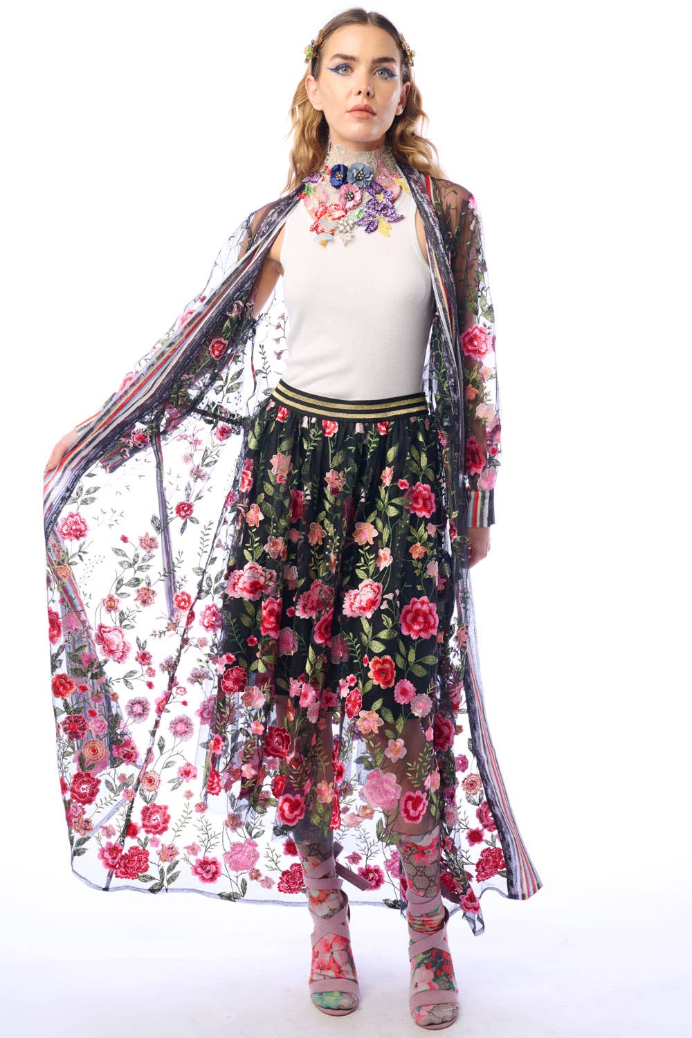 Arata - Floral Embroidered Duster Jacket - Dark Rose