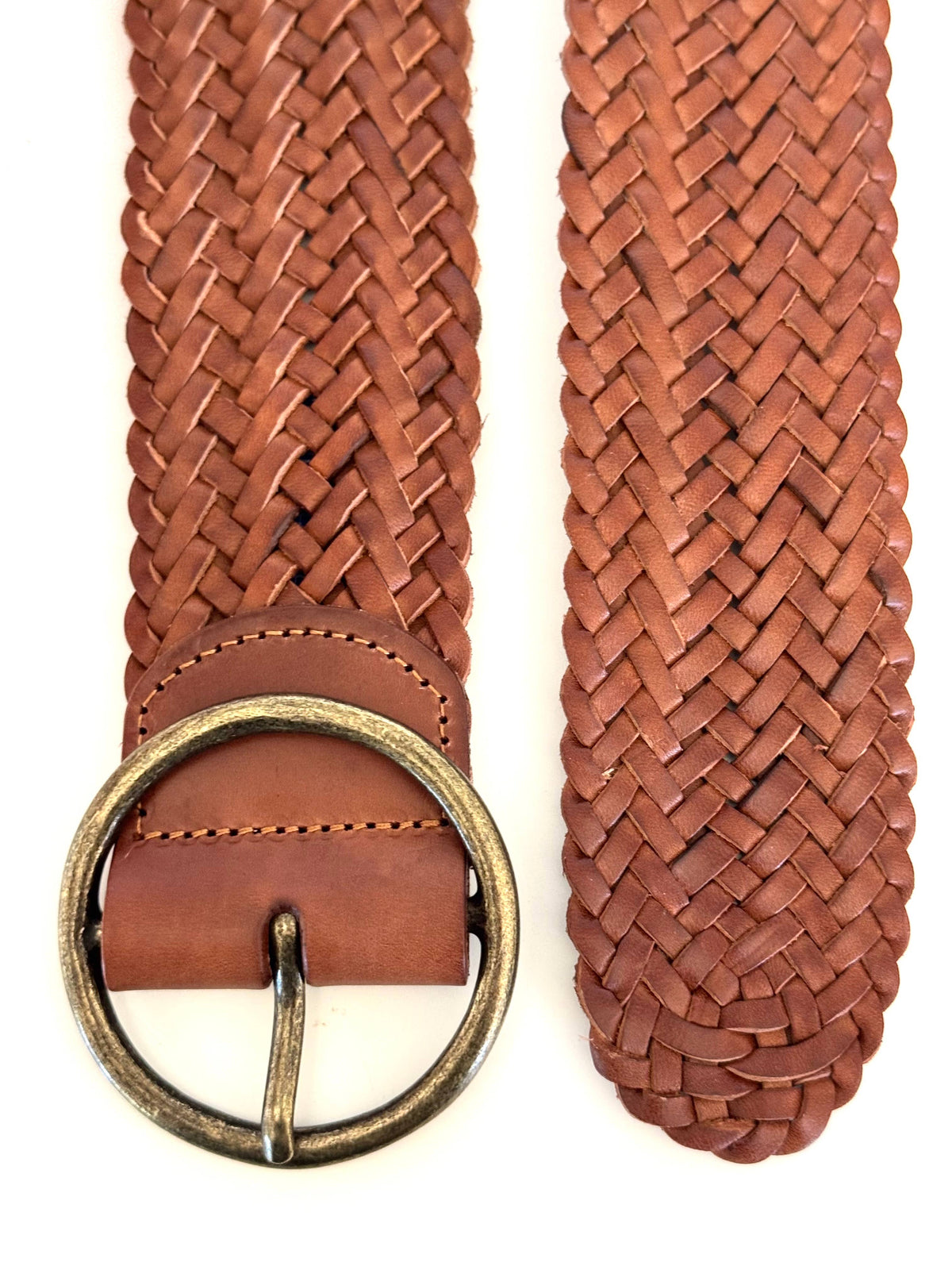 Ginger Blue - Classic Wide Braided Leather Belt - Cognac