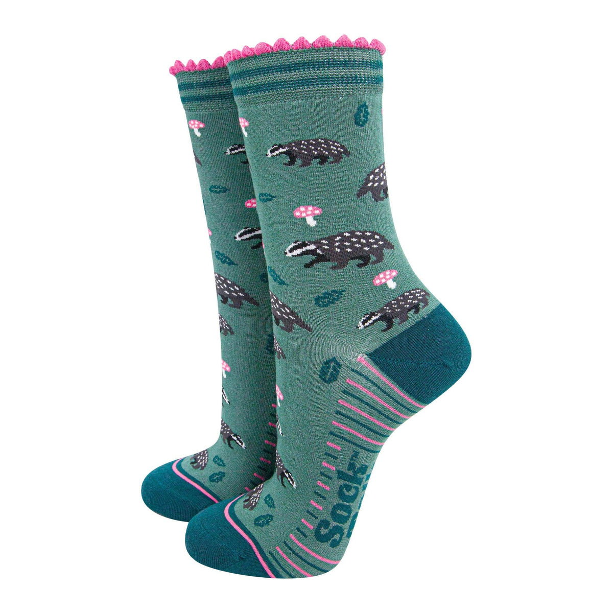 Women's Bamboo Socks - Sage/Forest Green, Badgers Toadstools