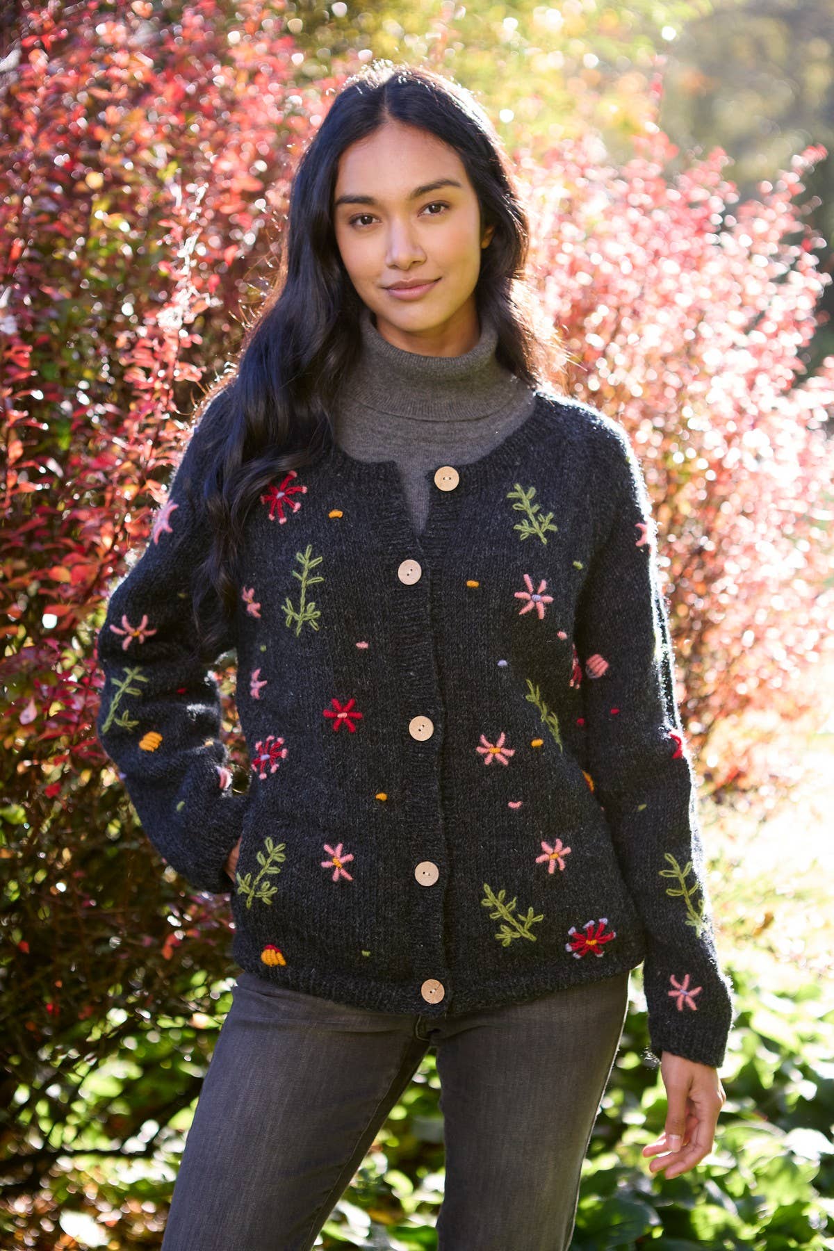 Lugano - Hand Embroidered Flower Knit 100% Wool Cardigan - Charcoal