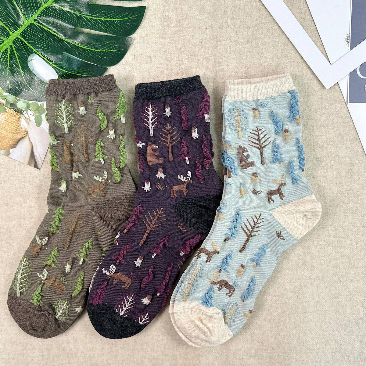 Women's Crew Oulanka Forest Embroidery Pattern Socks