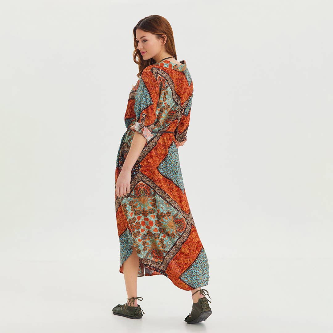 Bohemian Caravan - Belt Detailed Patterned Shirt Dress - Orange