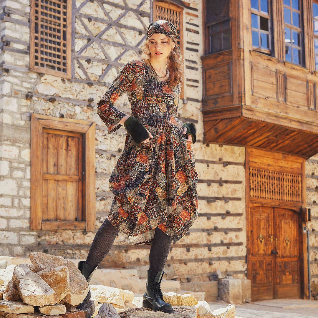 Earth Mosaic - Printed V Neckline Long Sleeve Dress