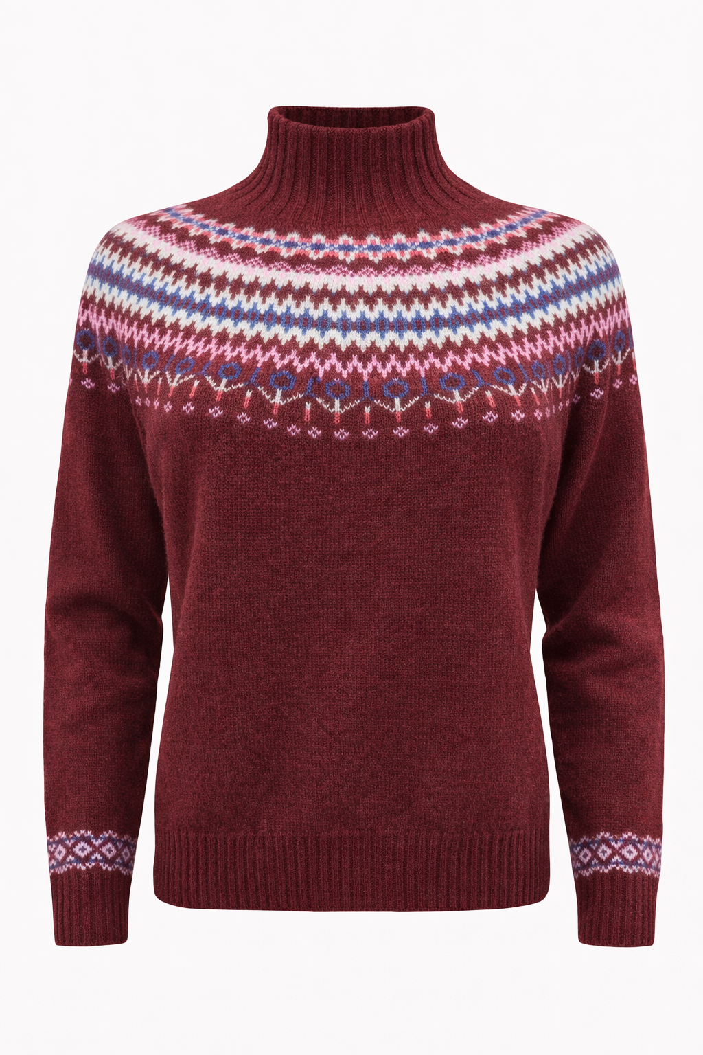 Harley of Scotland - Fairisle Yoke Crew Neck Sweater - Port