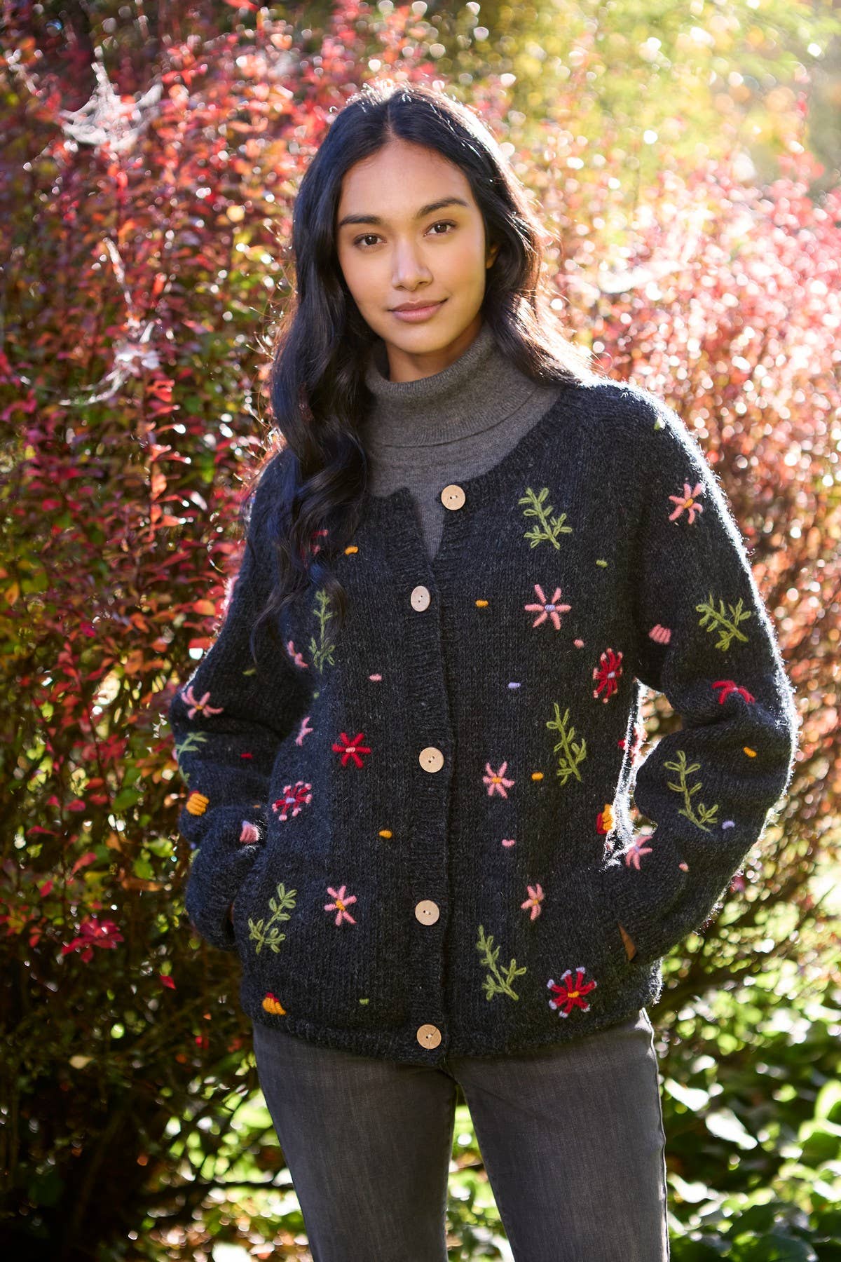 Lugano - Hand Embroidered Flower Knit 100% Wool Cardigan - Charcoal