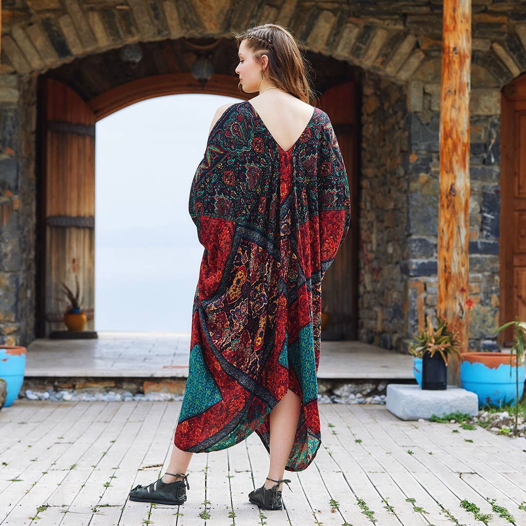 Nomad Tapestr - Patterned Low Back Bohemian Summer Dress - Black/Teal