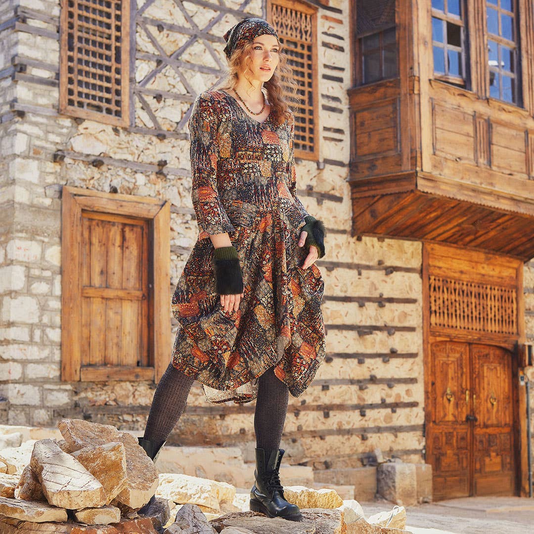 Earth Mosaic - Printed V Neckline Long Sleeve Dress