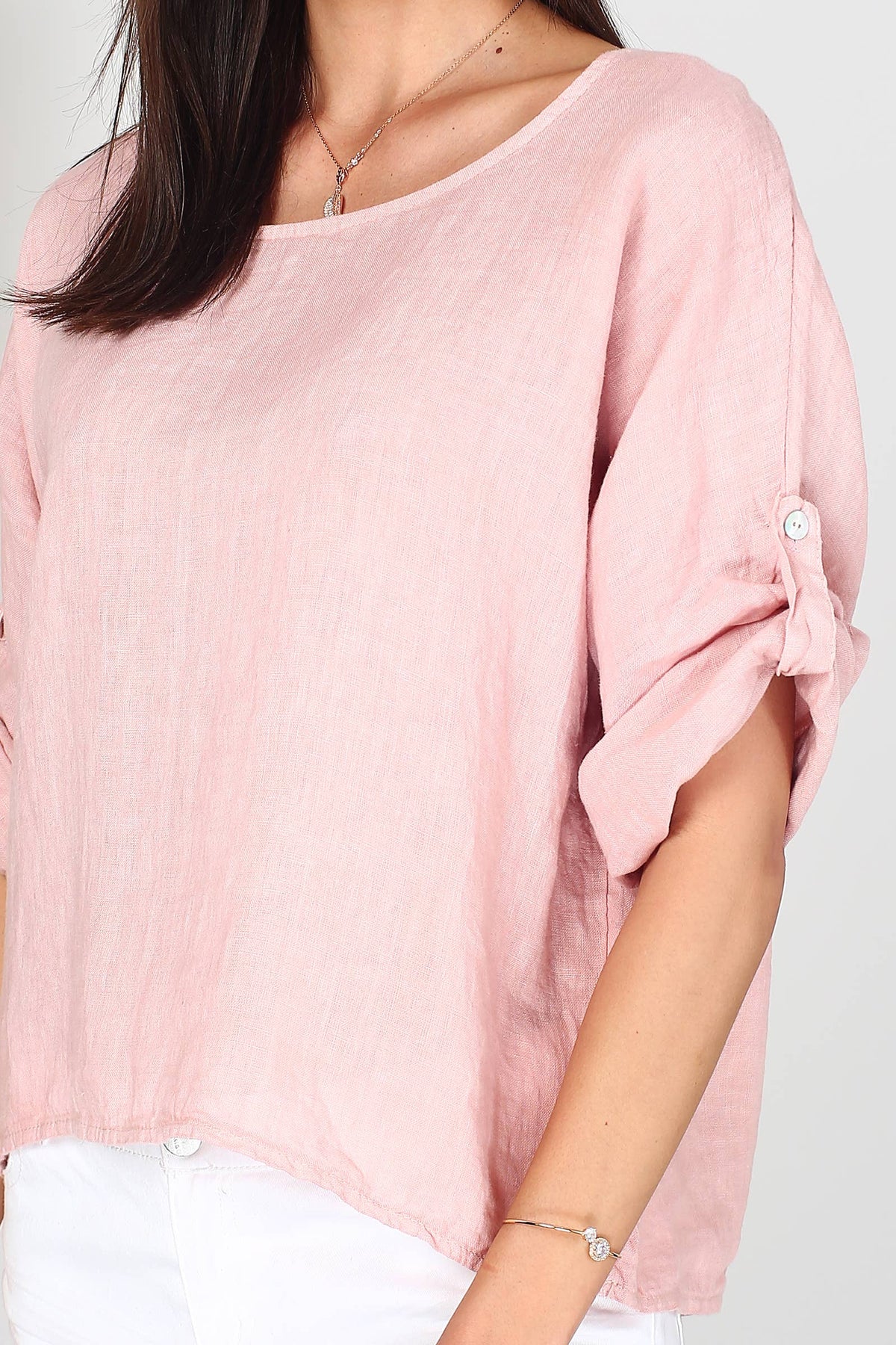 Italian Linen Basic Top Crop Sleeve w Button