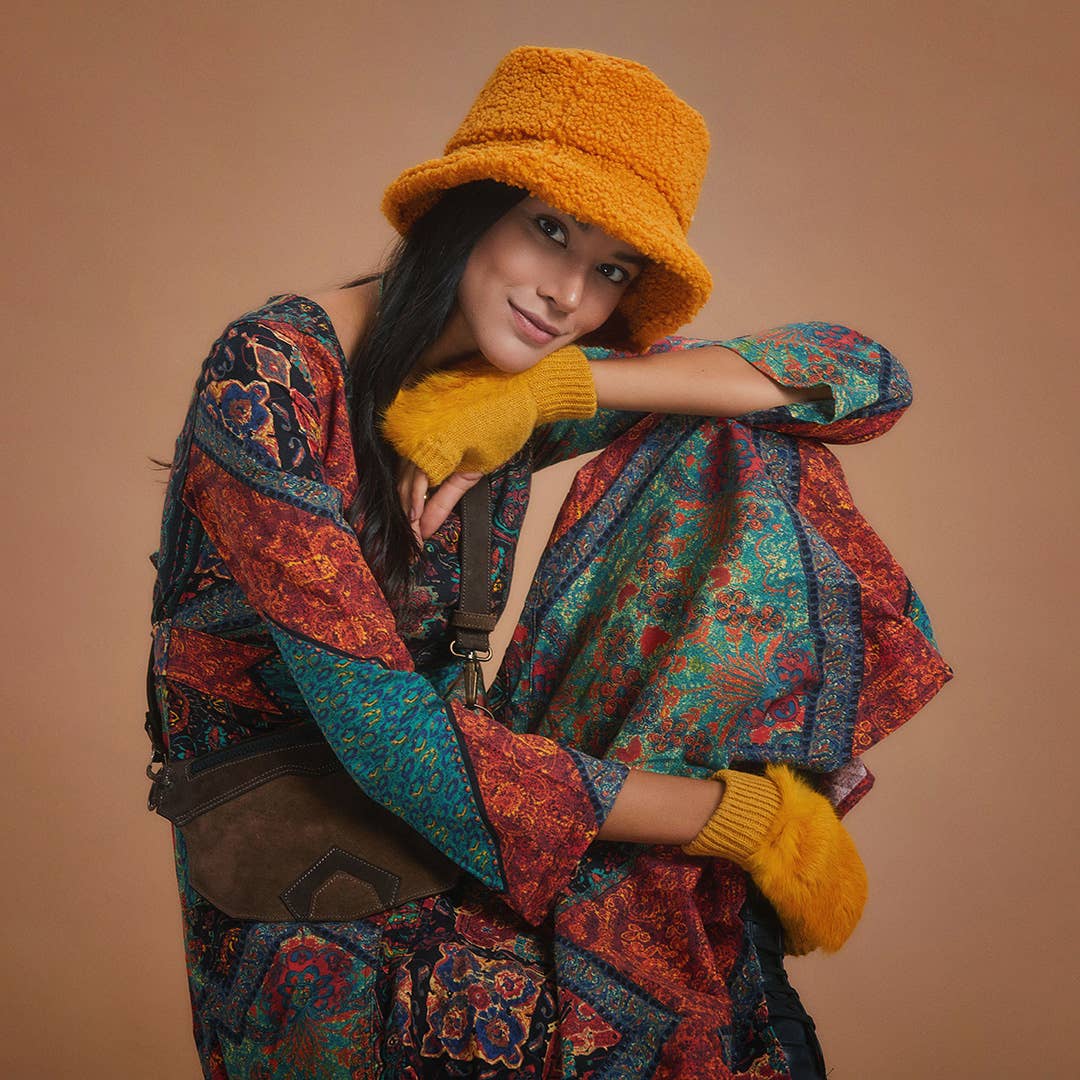 Autumn Nomad - V Neckline Long Sleeve Cotton Dress - Orange /Teal