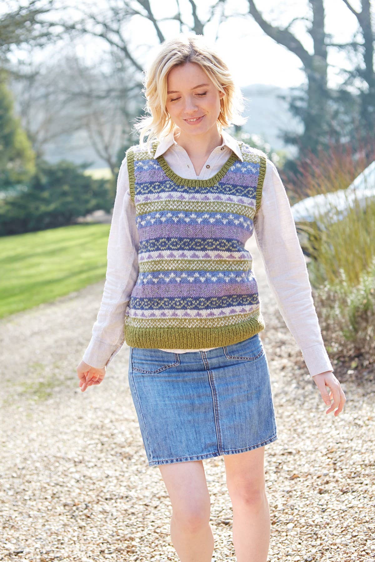 Classic Fair Isle Wool Knit Sleeveless Vest Tank - Lilac/ Green