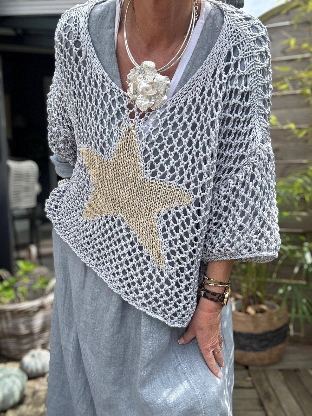 Italian Cotton Knit Sweater With Gold Star