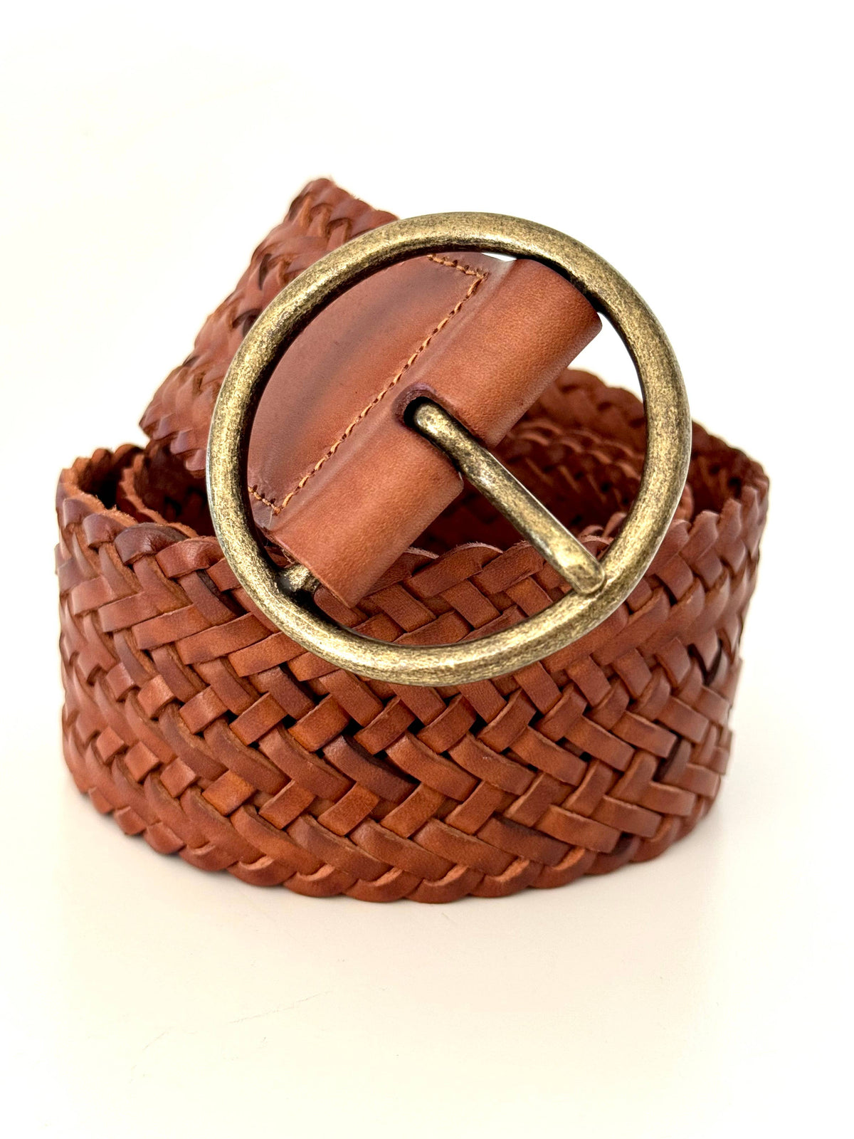 Ginger Blue - Classic Wide Braided Leather Belt - Cognac