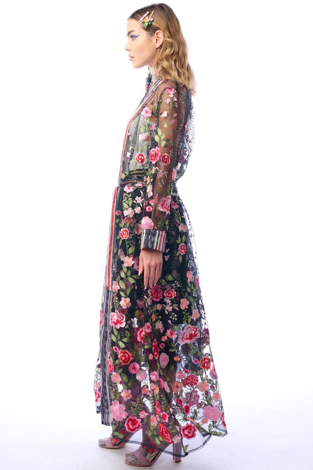 Arata - Floral Embroidered Duster Jacket - Dark Rose