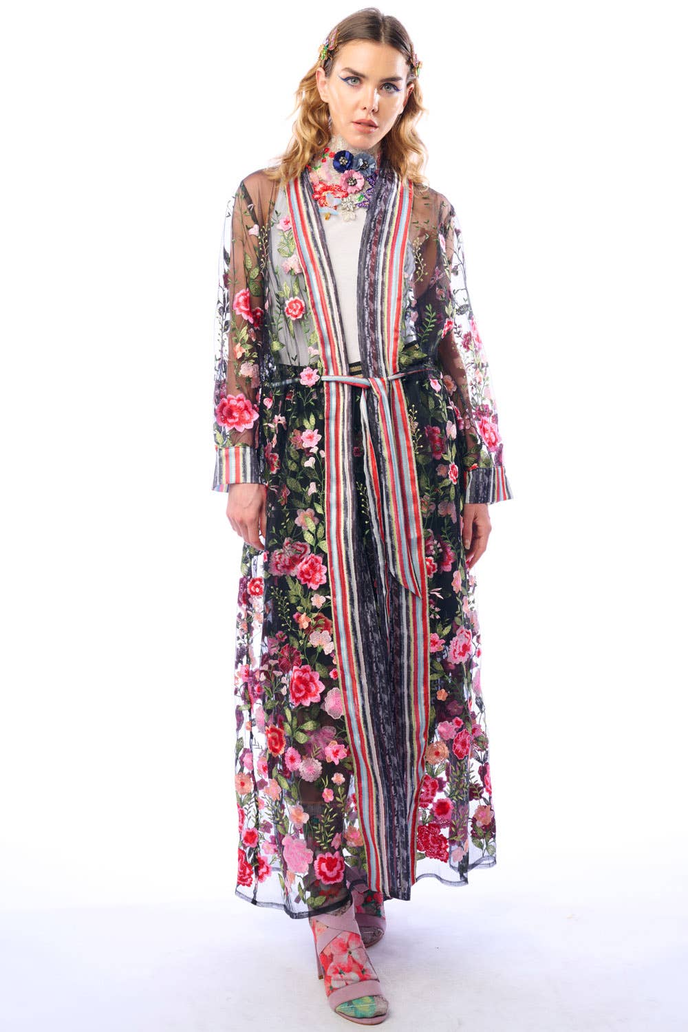 Arata - Floral Embroidered Duster Jacket - Dark Rose