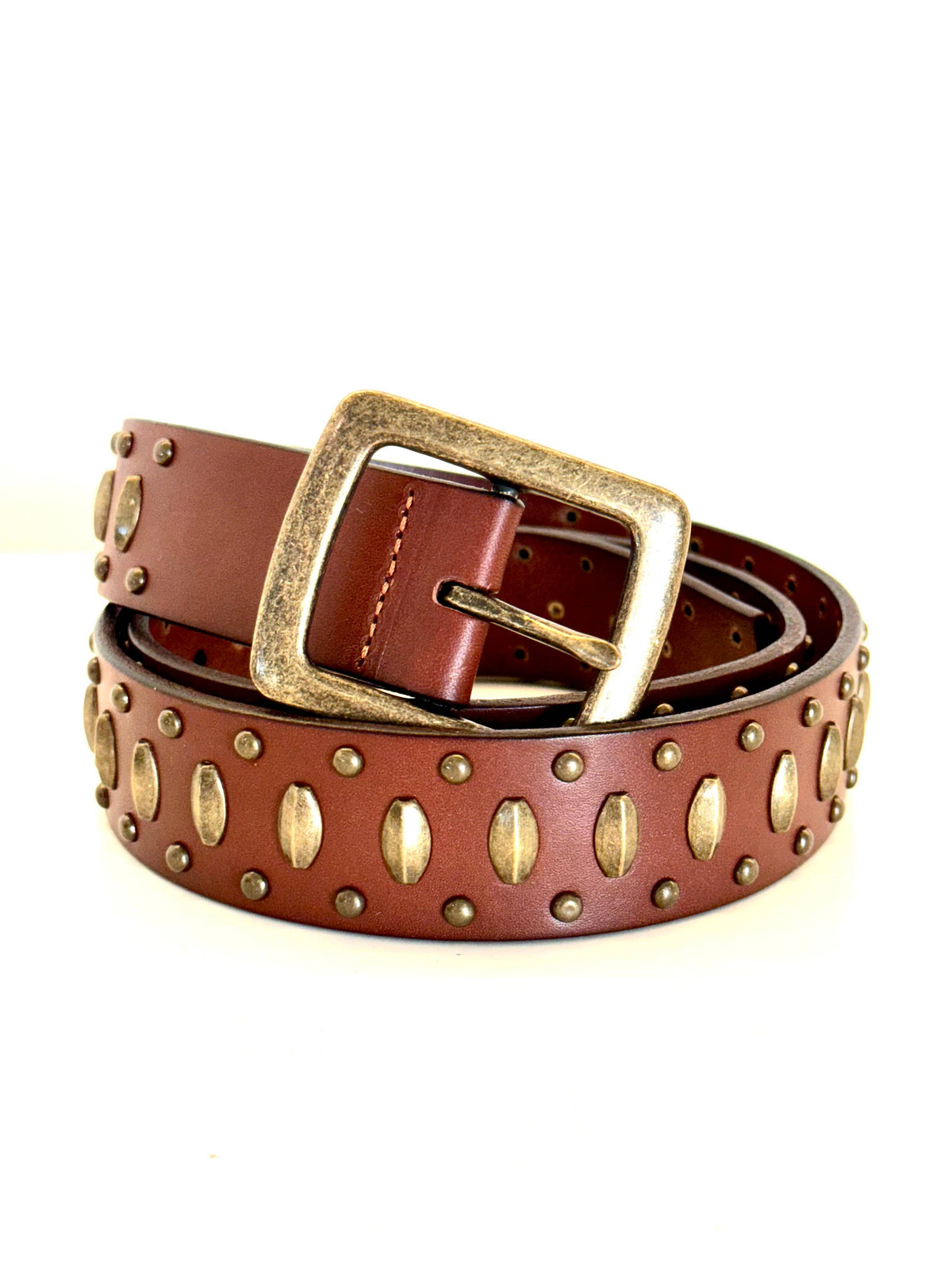 Ginger Blue - Leather Belt with Aged Brass Studs - Cognac