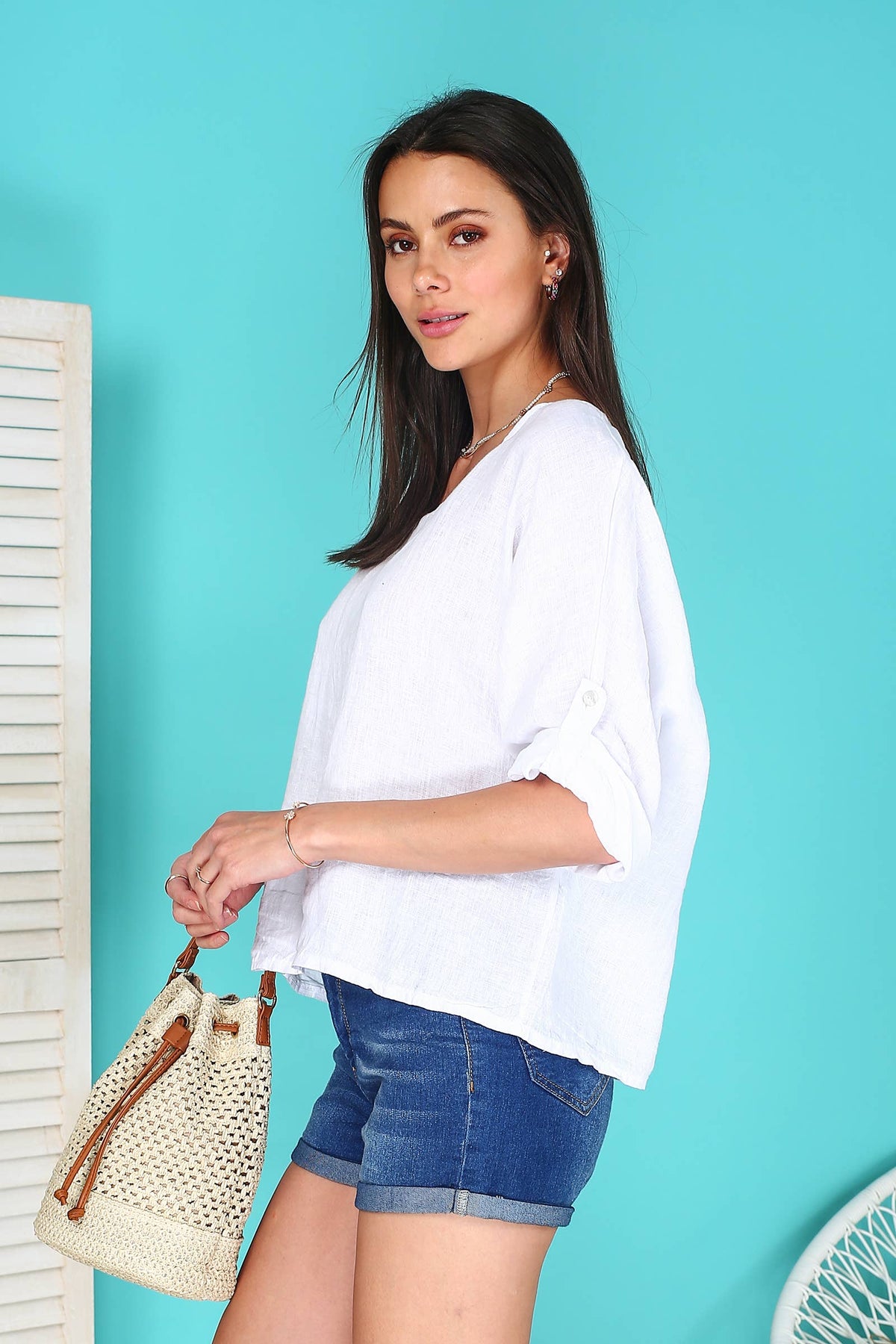 Italian Linen Basic Top Crop Sleeve w Button