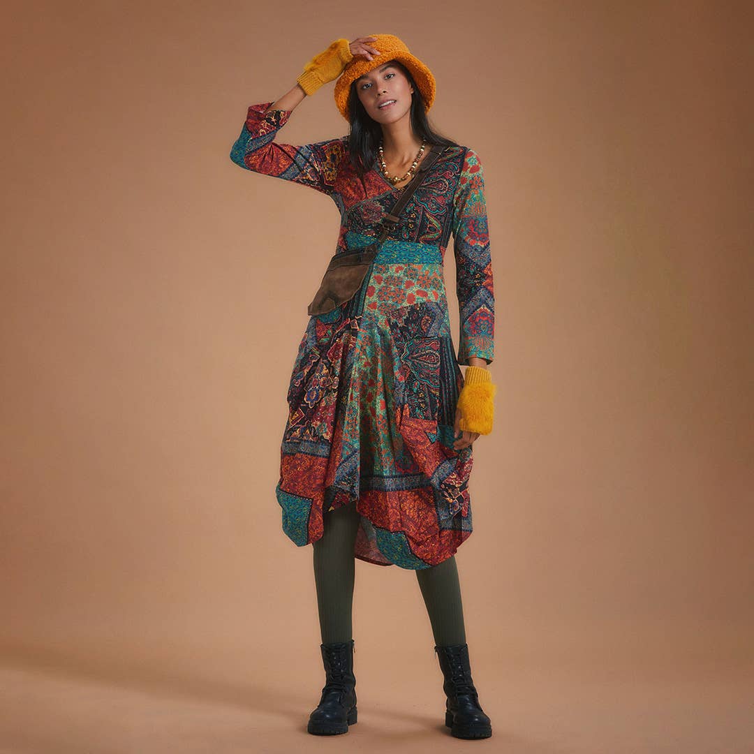 Autumn Nomad - V Neckline Long Sleeve Cotton Dress - Orange /Teal