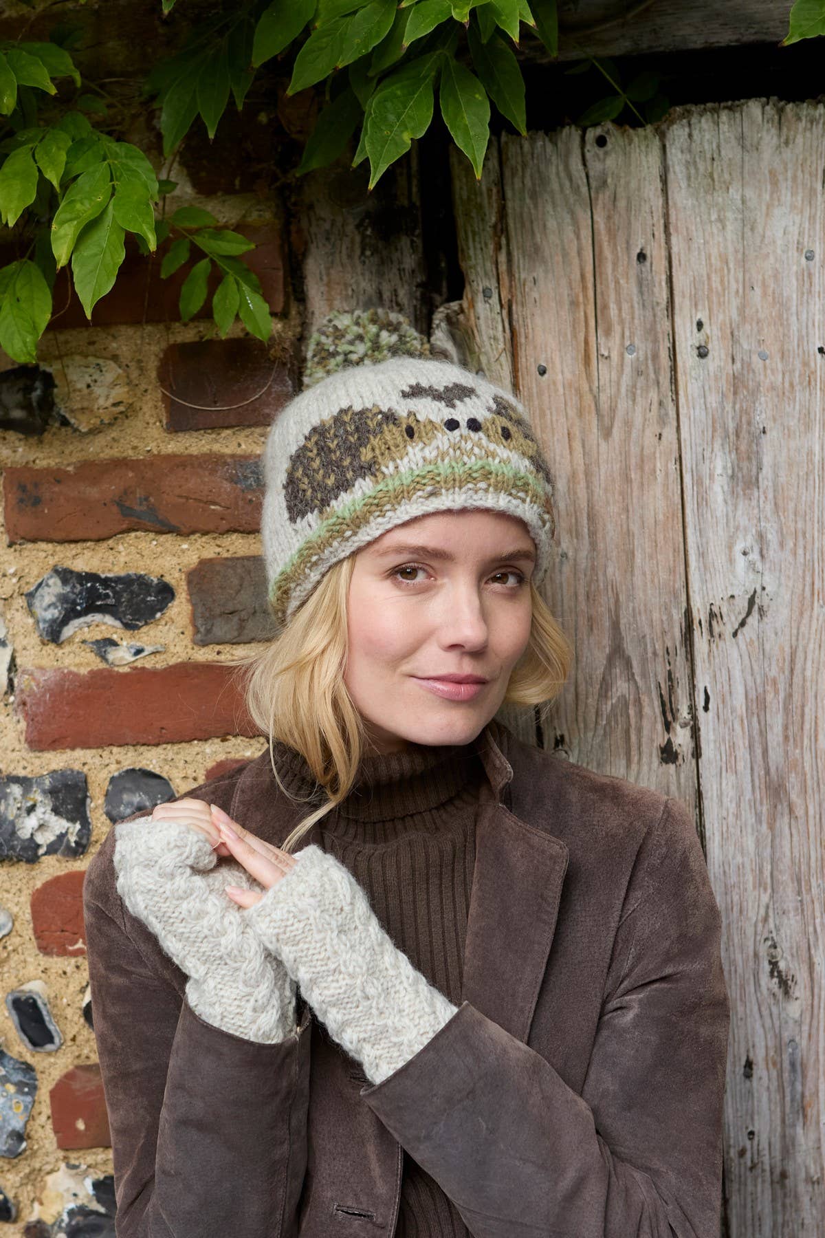 Hedgehog Hand Knitted Wool Animal Bobble Beanie Hat - Natural