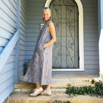Blueberry Italia V Neck Sleeveless Linen Dress with Front Pockets and Split - Floral Print on Grey