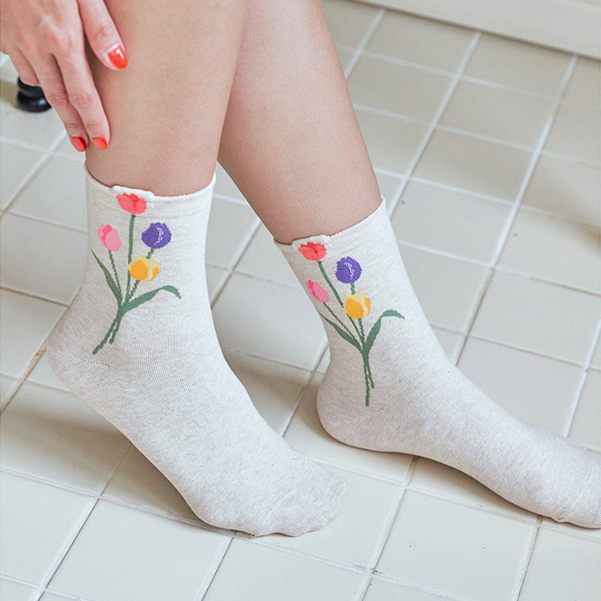 Women's Crew Tulip Flower Socks
