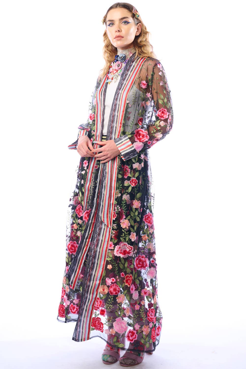 Arata - Floral Embroidered Duster Jacket - Dark Rose