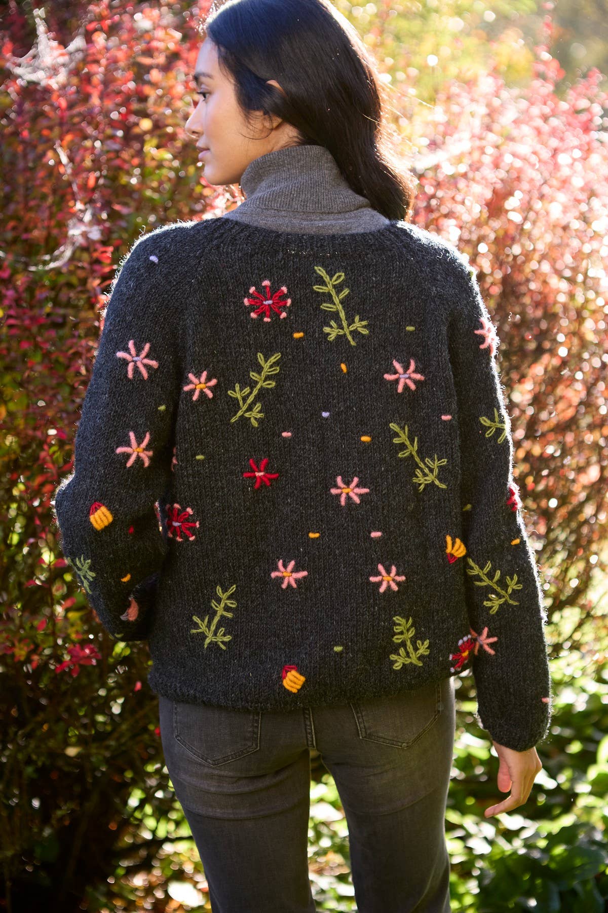 Lugano - Hand Embroidered Flower Knit 100% Wool Cardigan - Charcoal