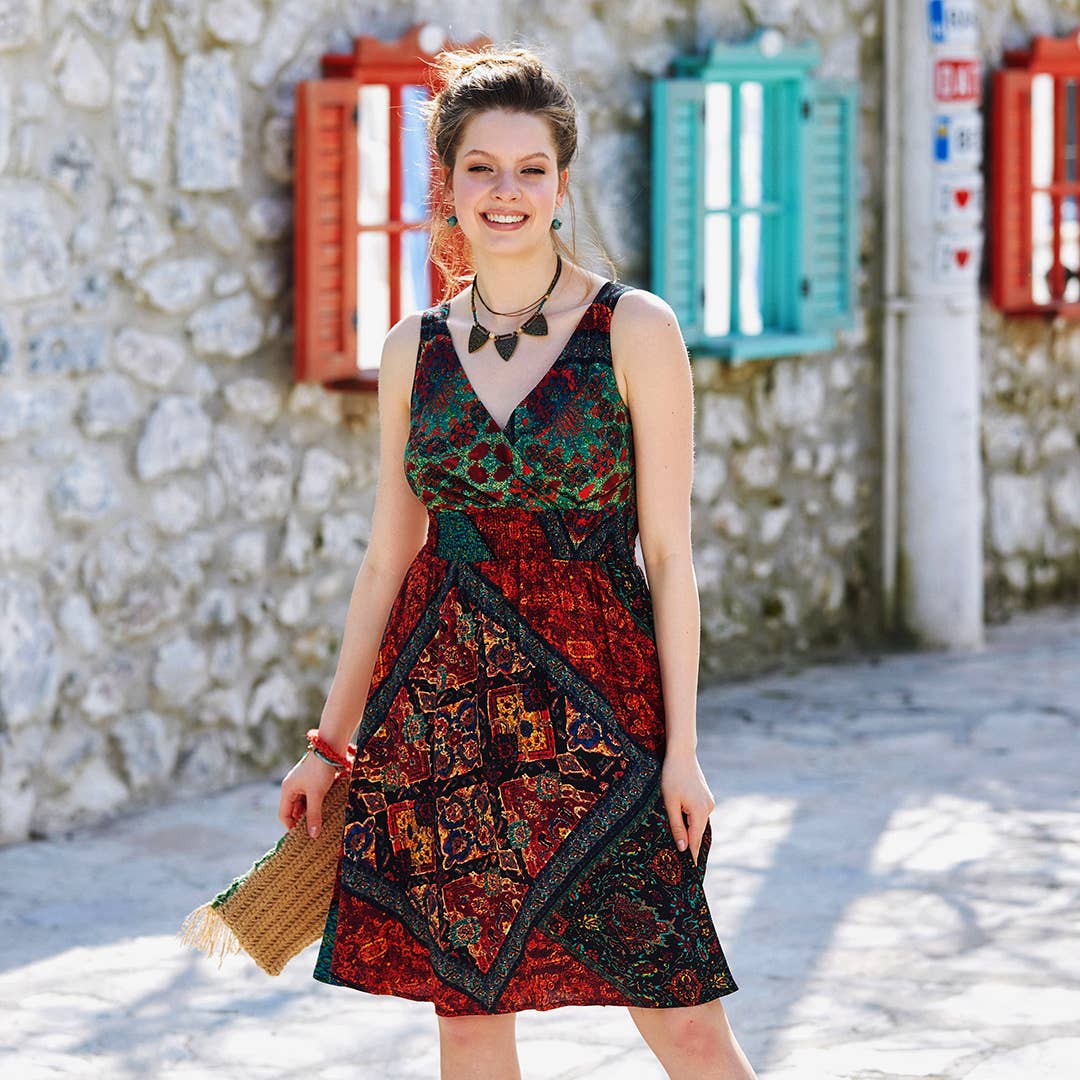 Nomad Garden - V Neck Short Bohemian Sundress - Red