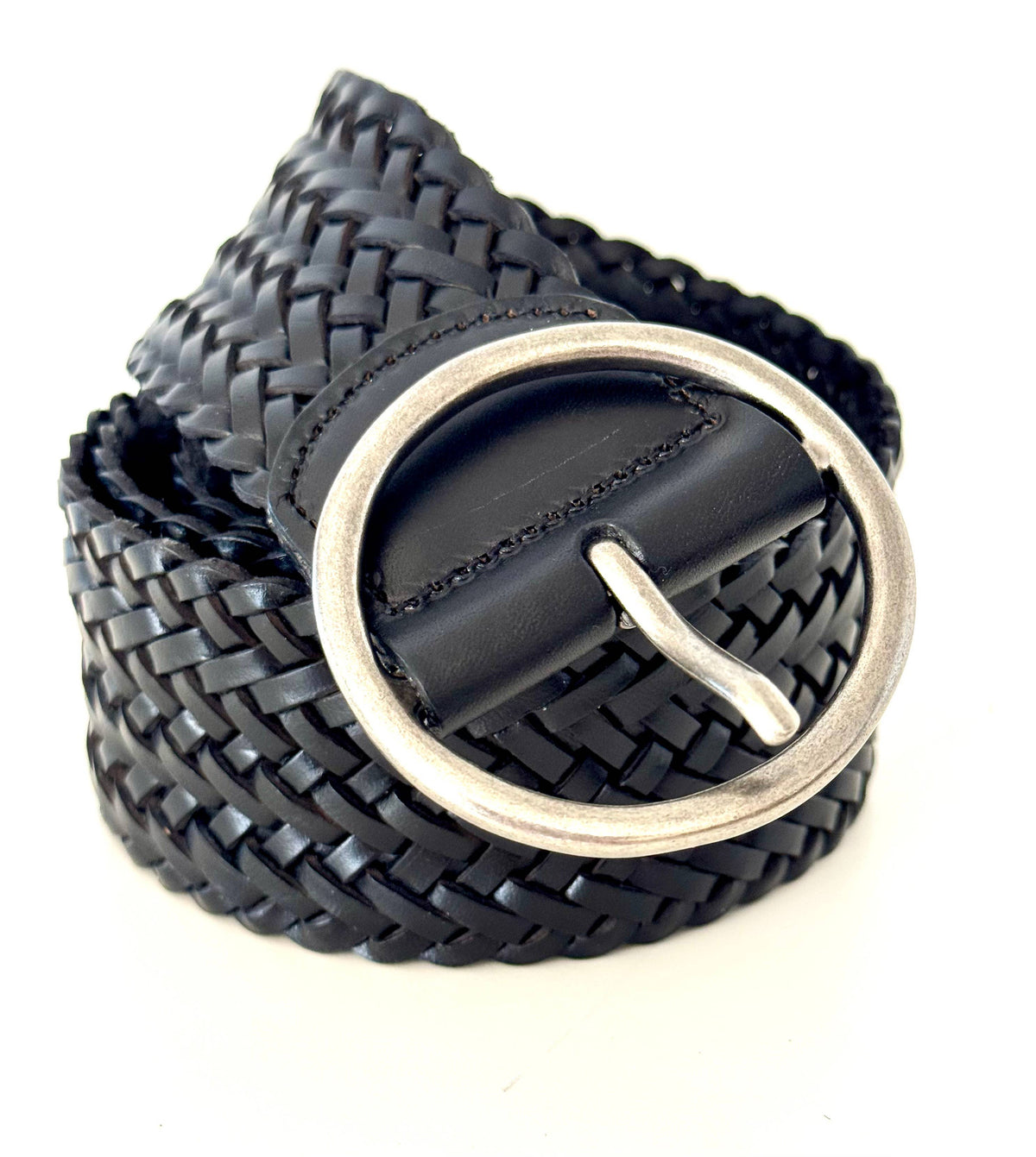 Ginger Blue - Classic Wide Braided Leather Belt - Black