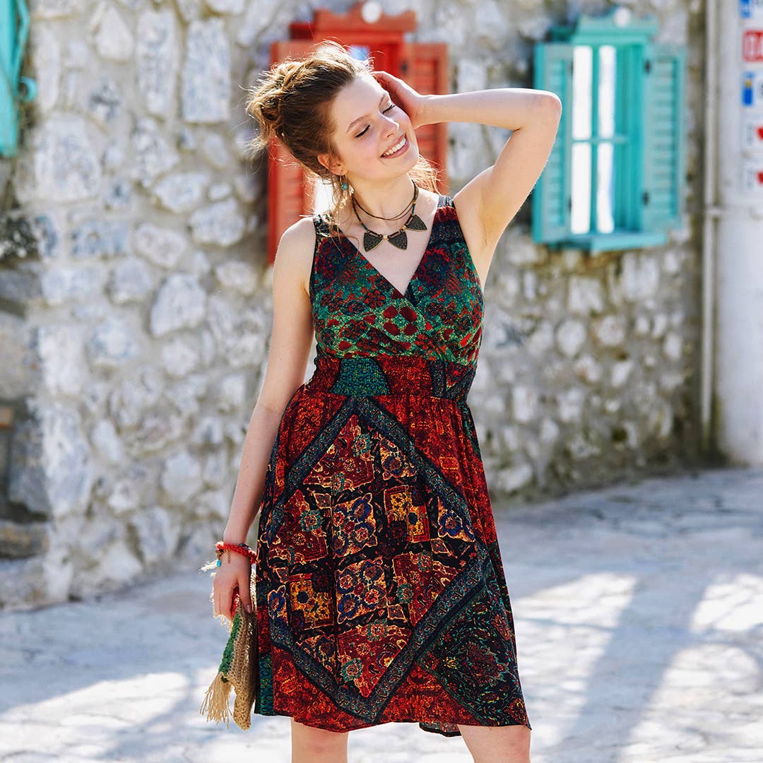 Nomad Garden - V Neck Short Bohemian Sundress - Red