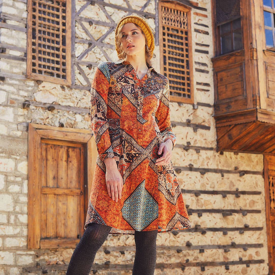 Rust Nomad - Printed Long Sleeve Dress - Brown/Rust