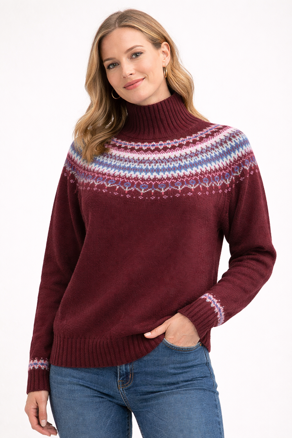 Harley of Scotland - Fairisle Yoke Crew Neck Sweater - Port