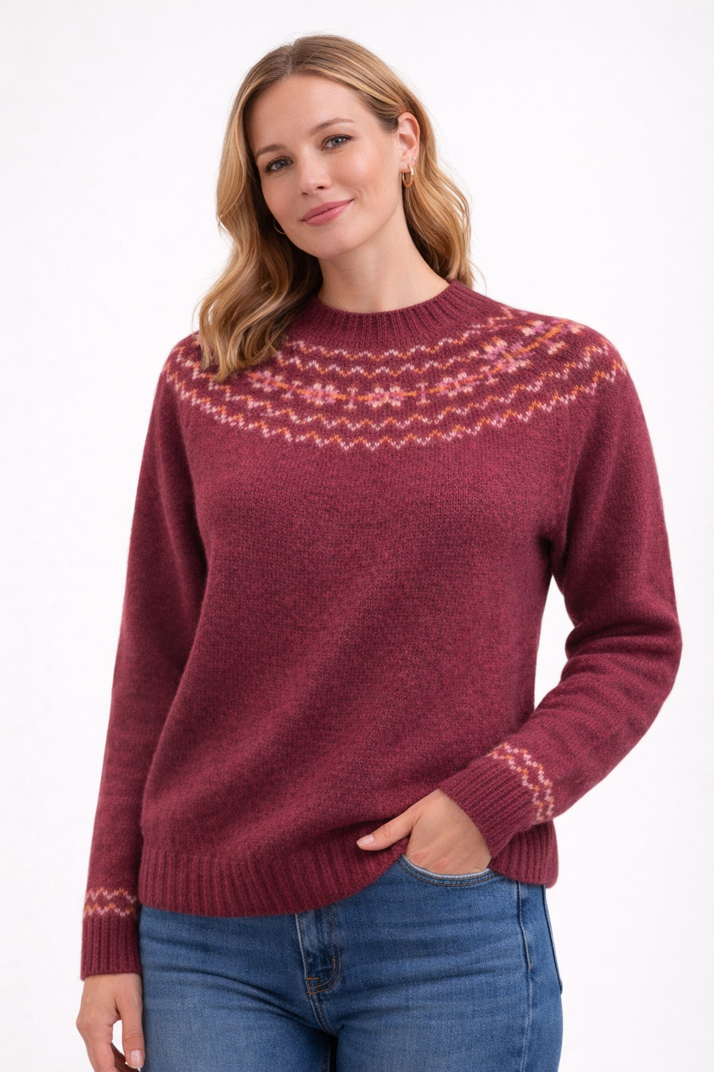 Harley of Scotland - Yoke Fairisle Jumper - Claret