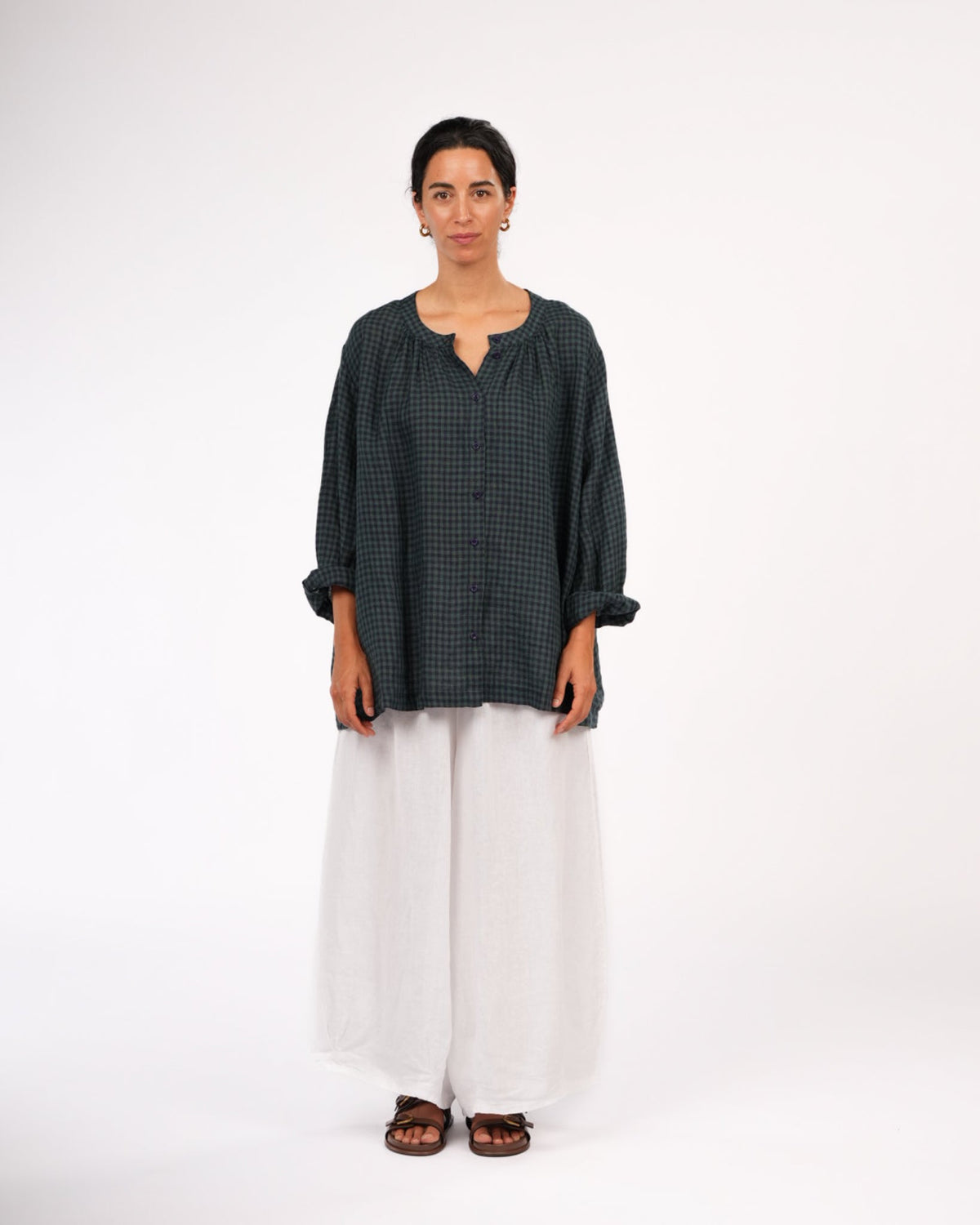 Montaigne - Carmen - Button Through Long Sleeve Top - Tiny Blue Check