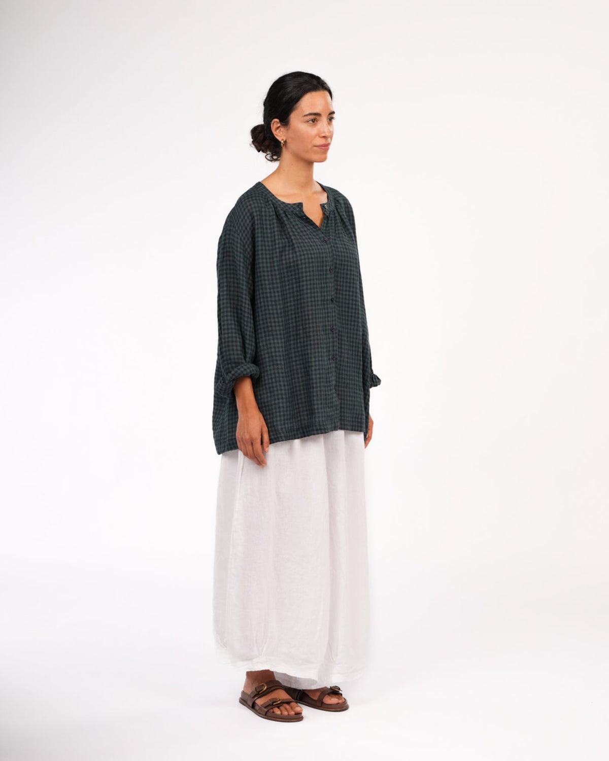 Montaigne - Carmen - Button Through Long Sleeve Top - Tiny Blue Check