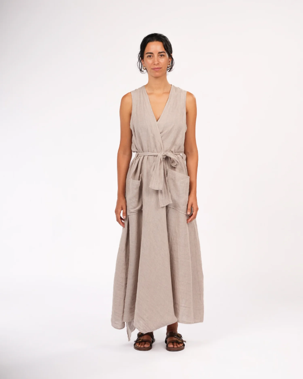 Montaigne - Geneviève - Wrap Around Linen Dress With Deep Front Pockets - Natural Houndstooth