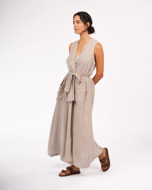 Montaigne - Geneviève - Wrap Around Linen Dress With Deep Front Pockets - Natural Houndstooth