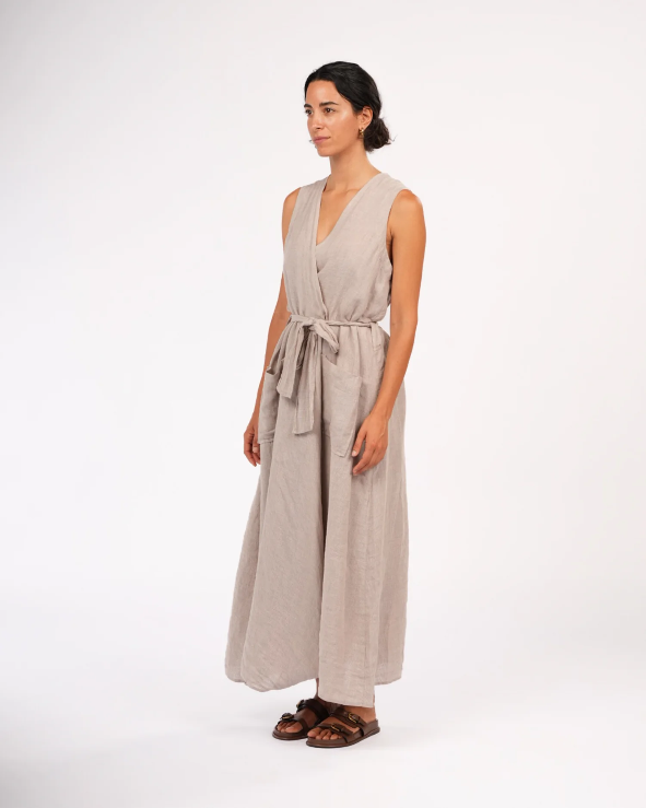 Montaigne - Geneviève - Wrap Around Linen Dress With Deep Front Pockets - Natural Houndstooth