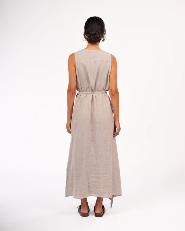 Montaigne - Geneviève - Wrap Around Linen Dress With Deep Front Pockets - Natural Houndstooth