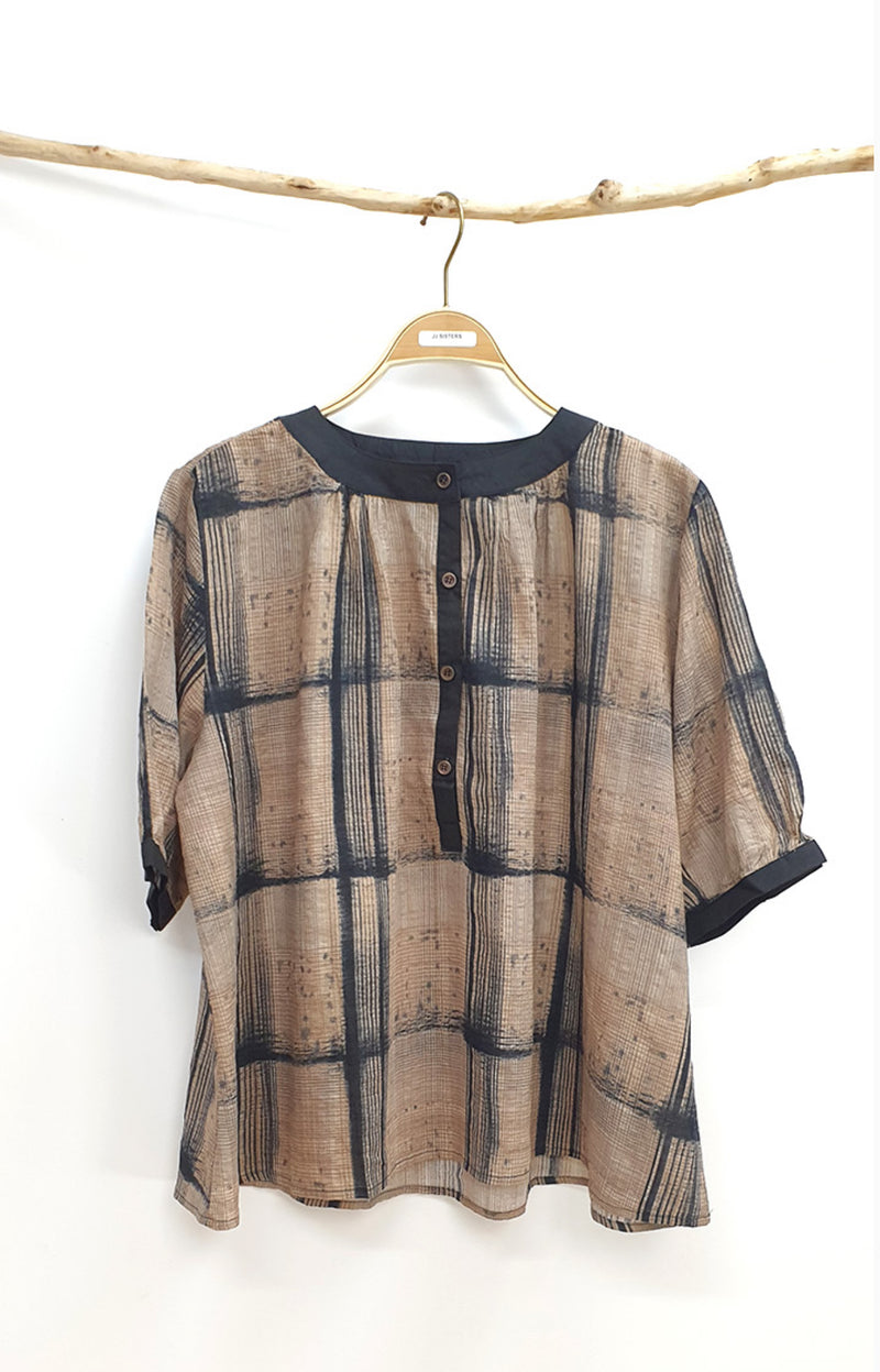 Cotton Viscose Short Sleeve Top  - Brown