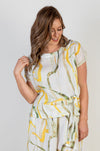 Silk Linen Printed Top With Tie Detail - Yellow/Green