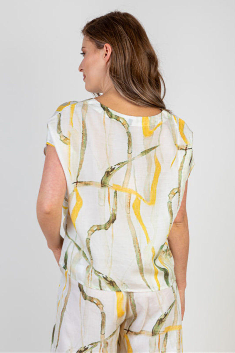 Silk Linen Printed Top With Tie Detail - Yellow/Green