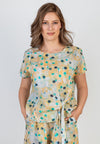 Silk Linen Printed Top With Tie Detail - Yellow/Teal Dott